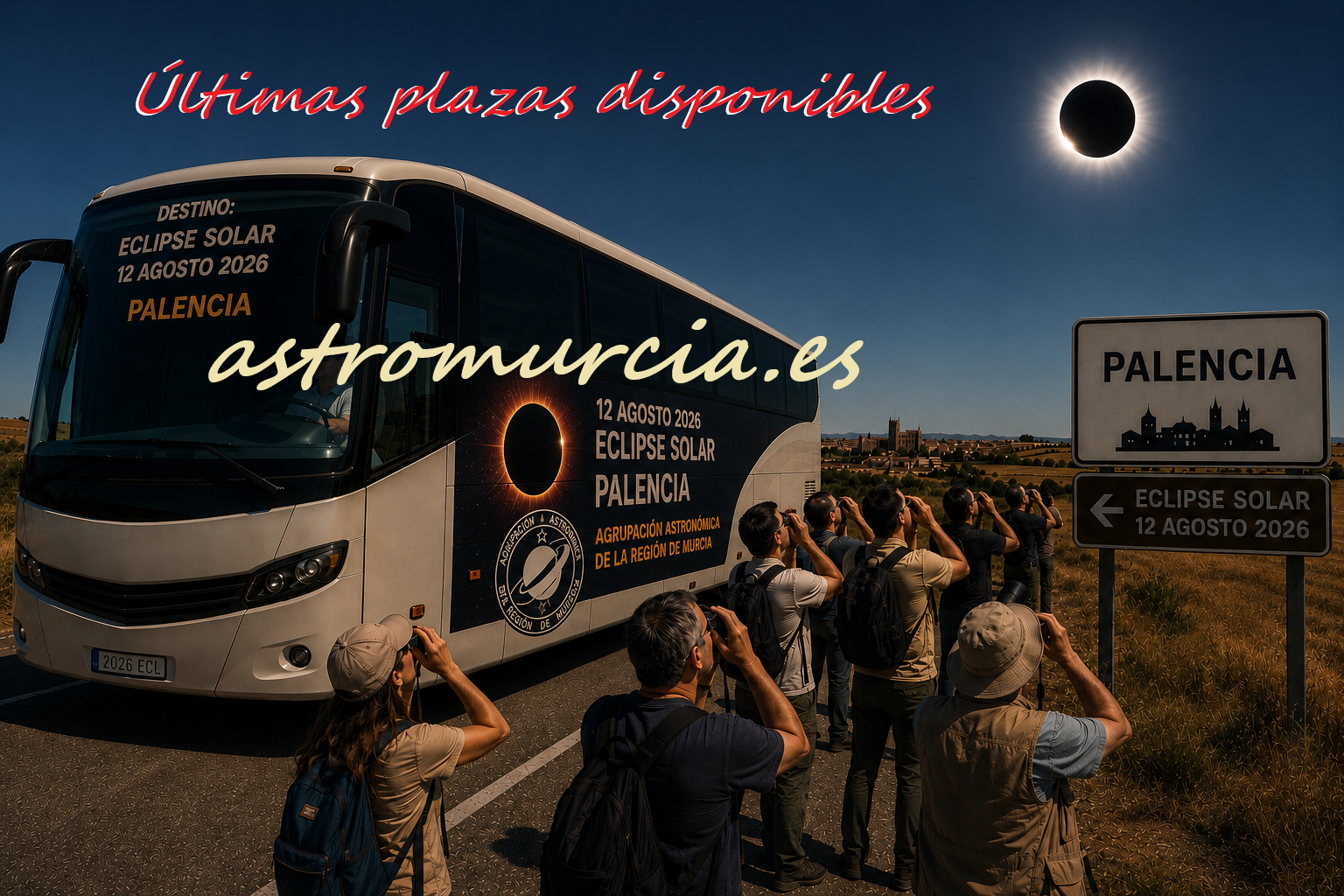 Autobús turístico con cartel de eclipse solar, gente mirando el cielo y un sol eclipsado en el fondo.